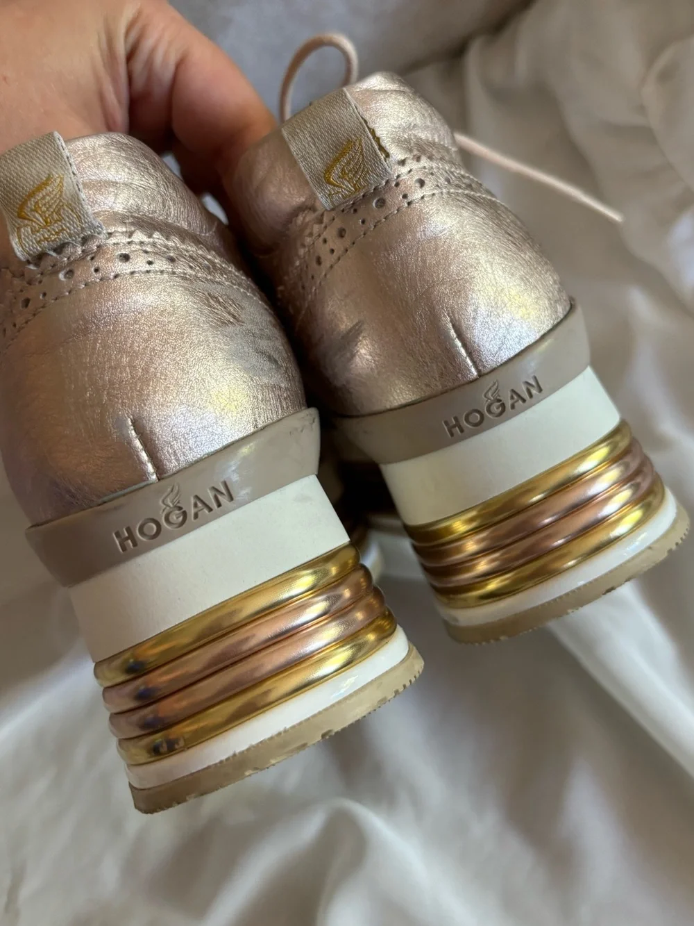 Hogan Rose Gold Italian Leather Euro Platform Wingtip Oxford Lace Up Sneakers 4